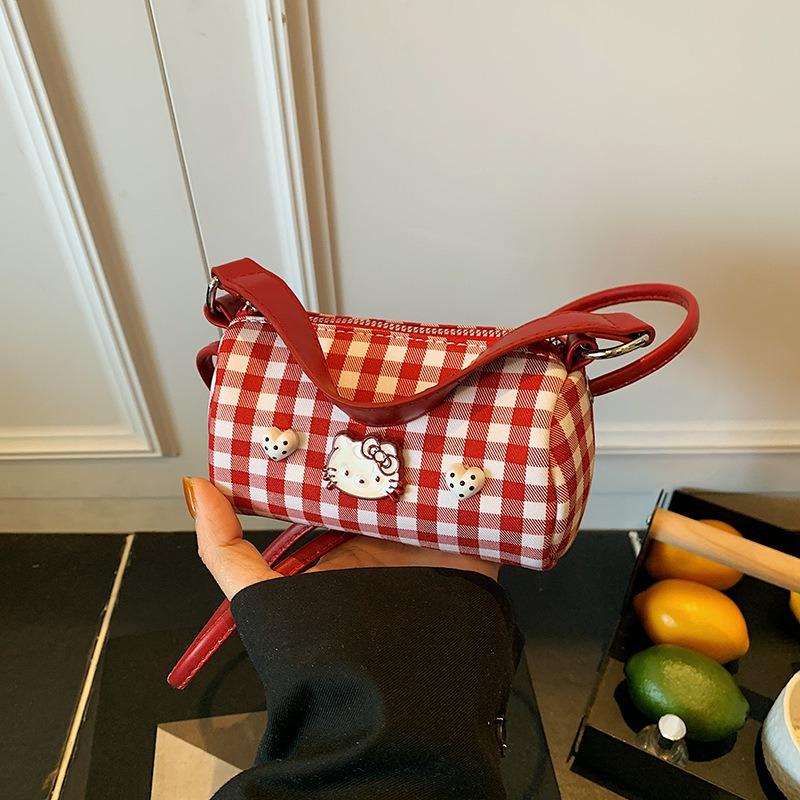 Red Female Cute Fashion Versatile High-end Bag Niche Design Plaid Handbag Student Messenger Bag