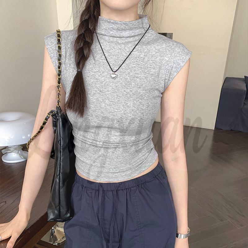 Women's Slim-Fit Open-Back T-Shirt: Summer Sleeveless, Half-High Collar, Hot Girl Style