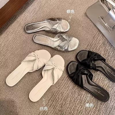 Spot Sheepskin Version~ The Same Square Head Pleated Kink Flat-bottomed Slippers Women's Cool Slippers Outer Wear Summer