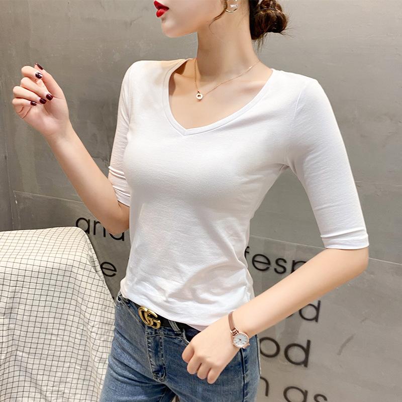 

Новая облегающая футболка с глубоким вырезом и V-образным вырезом, базовая, из чистого хлопка, с большим вырезом, короткий летний топ S белый