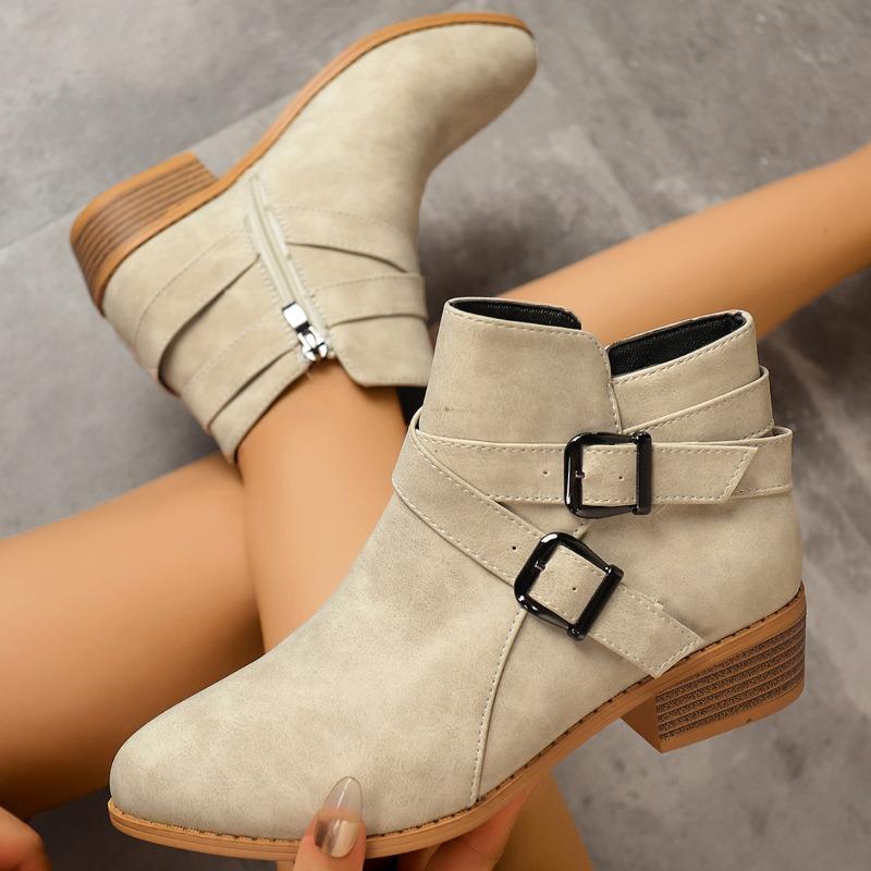 Big Size Women Pointed Toe Ankle Boots Chunky Heel Buckle Boots Side Zipper Retro Autumn Winter Designer Shoes Zapatos De Mujer