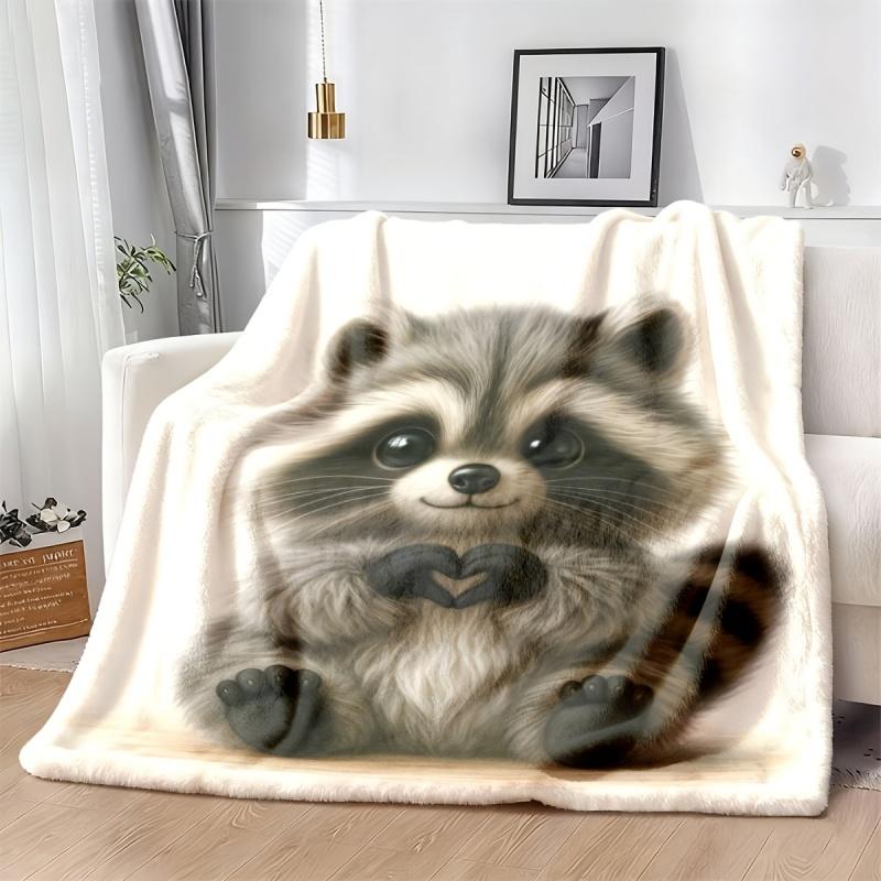 Cute Raccoon Making Heart Paw Flannel Throw Blanket, Soft Warm Animal Blanket for Sofa Bed Kids Bedroom Home Decor