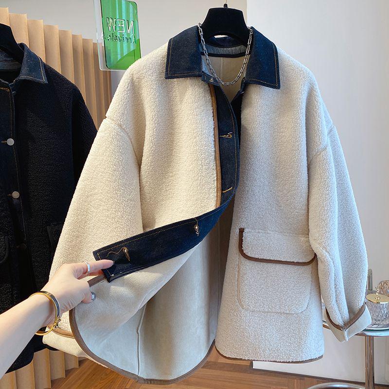 Women's Loose Fit Denim Patchwork Lambswool Jacket - Korean Style Autumn/Winter Plus Size Fur Top