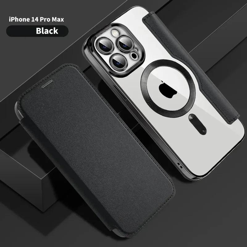 Electroplated Flip Leather Case for iPhone 16 15 14 13 12 11 Plus Pro Max for Magsafe Wireless Charging Protection Luxury Cover