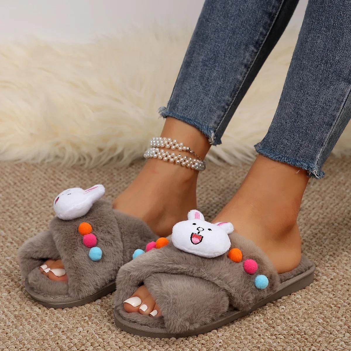 

Теплые плюшевые тапочки женские Slis Flat Low Healing Healing Shoes Милые цветные меховые тапочки с шариками на платформе Zapatos 41 хаки