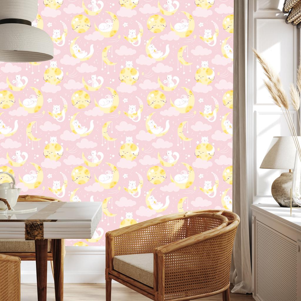Stars, Kittens and Moons Wallpaper for Living Room and Bedroom 50x1000