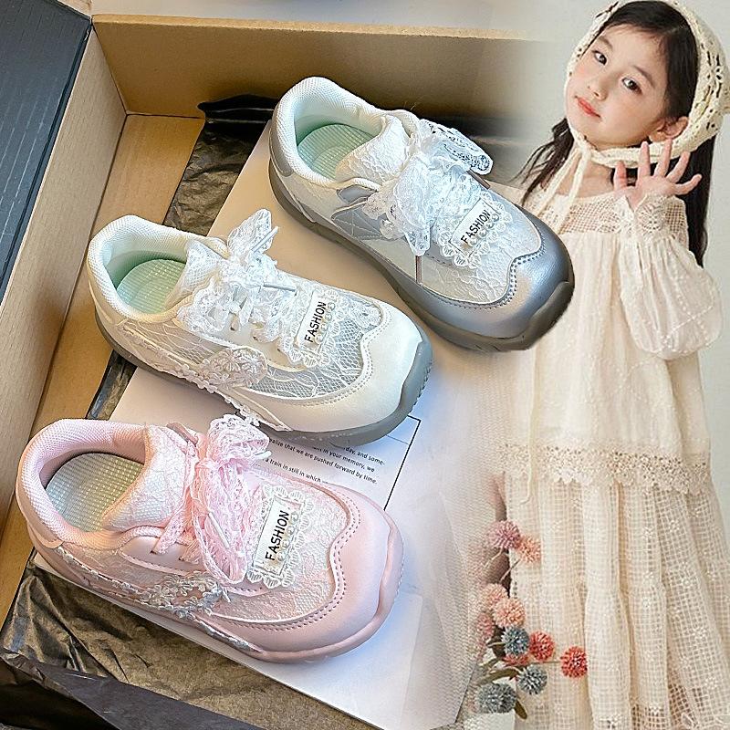Girls' Solid Color Sneakers2026Summer New Lace Bow Princess Casual Shoes with Small Flowers Running Shoes