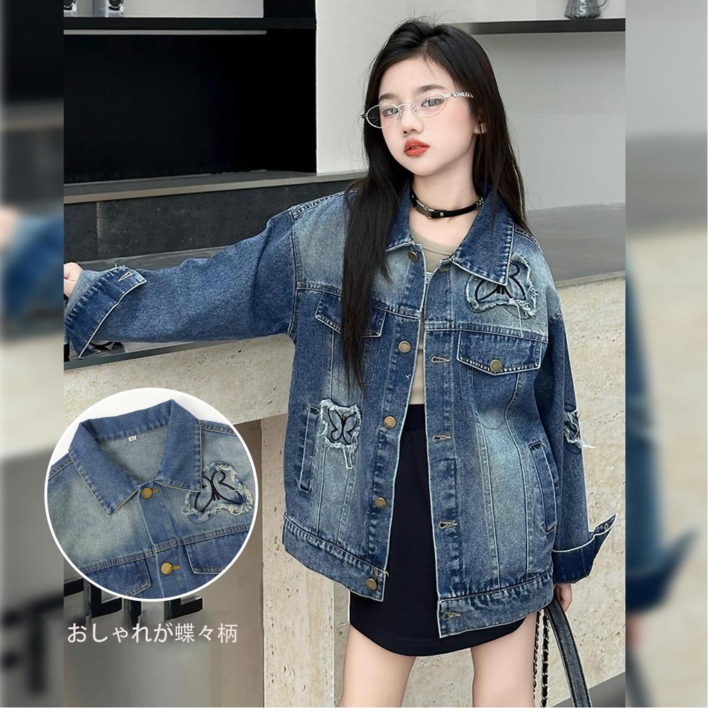 Rolanko Denim Outerwear for and Butterfly Size 140 Girls' Jacket, Spring, Autumn, Winter, Blue, Print,