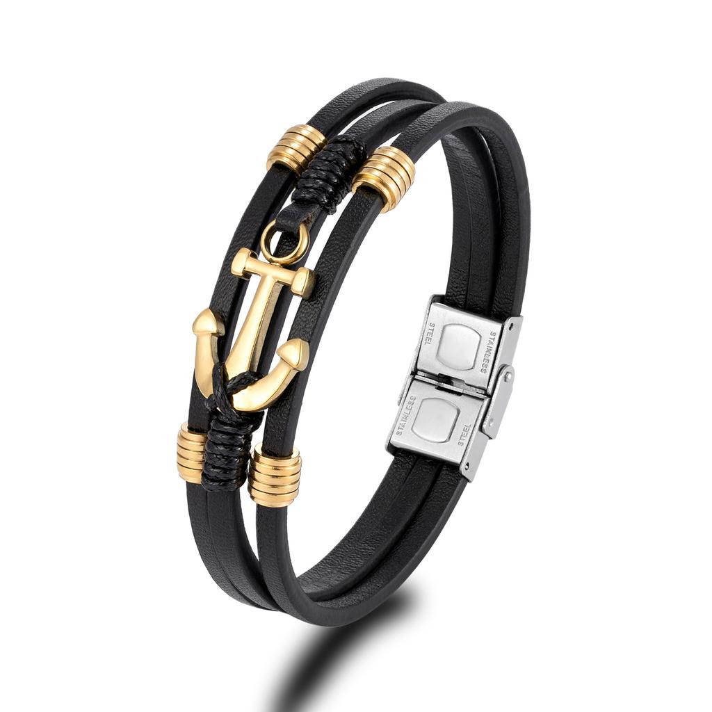 European American Ship Anchor Stainless Steel Retro Leather Bracelet Hand Woven Multi-layer Men's Titanium