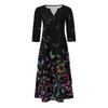 Women's Summer Casual V-Neck Button Vintage Floral Print Three-quarter Sleeve Long Dress With Pockets