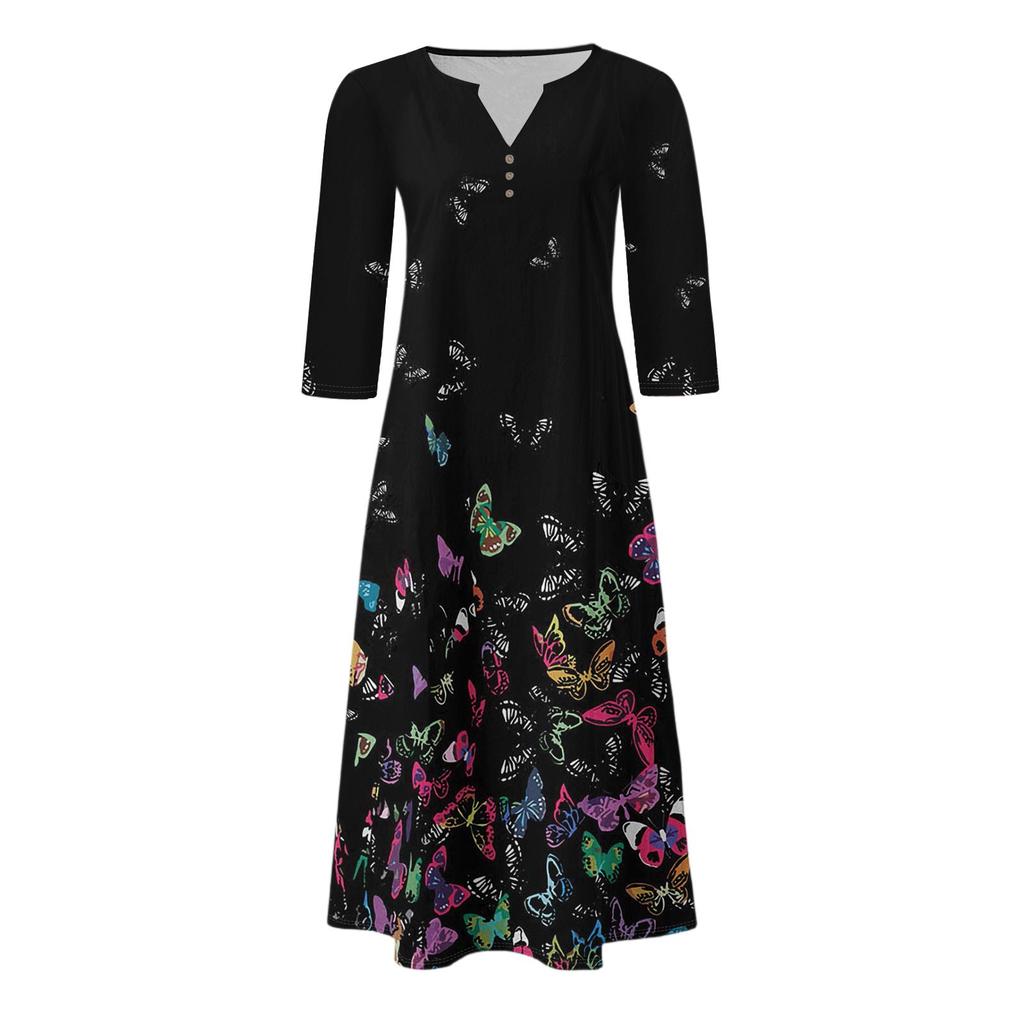 Women's Summer Casual V-Neck Button Vintage Floral Print Three-quarter Sleeve Long Dress With Pockets