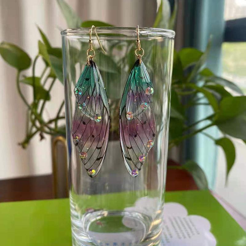 Fairy Clear Butterfly Drop Earrings Rhinestone Gradient Dangle Earrings Bling Foil Resin Simulation Wing Earring
