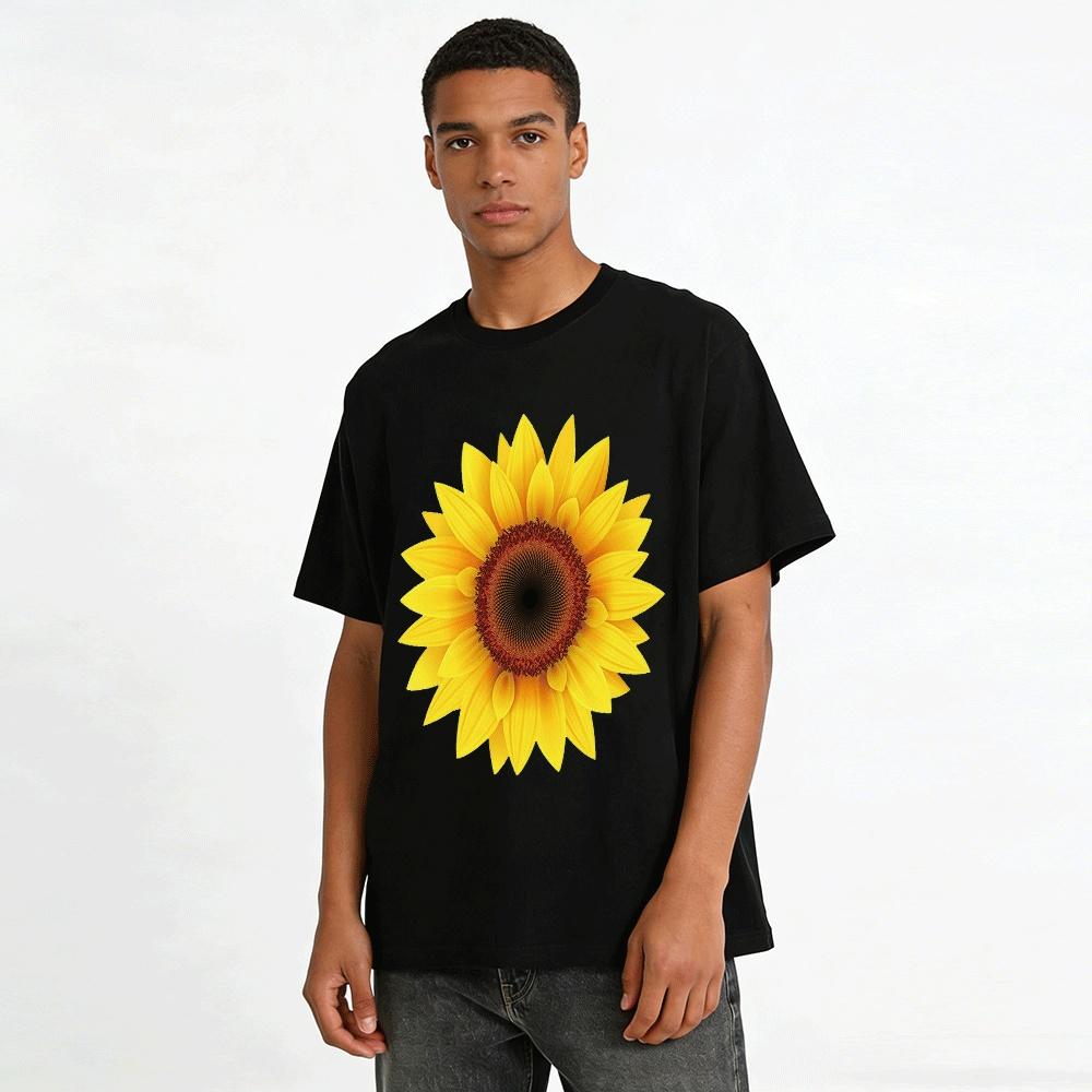 Vintage Sunflower Print Casual Short Sleeve T-Shirt Unisex Daily Top Pure Cotton T-shirt