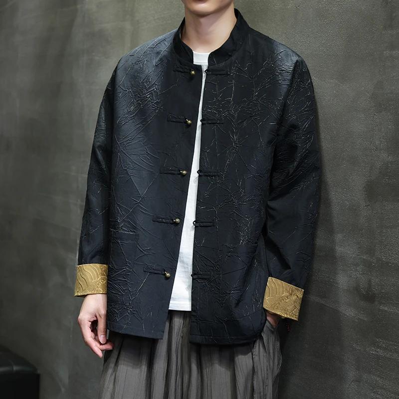 Men Retro Jacket Man Chinese Style Stand Collar Coats Male Copper Button Tang Suit Mens Youth Large Size Hanfu Vintage Outerwear
