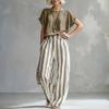 Summer 2 Piece Sets for Women Short Sleeve Crew Neck Top And Wide Leg Pants Sets Casual Striped Loungewear Outfits