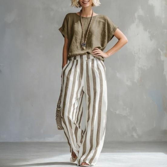 Summer 2 Piece Sets for Women Short Sleeve Crew Neck Top And Wide Leg Pants Sets Casual Striped Loungewear Outfits