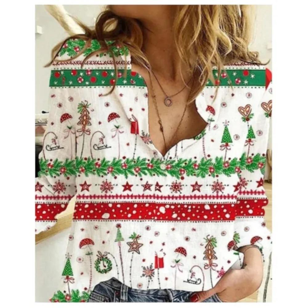 Women's Long Sleeve Shirts Sweet Cute Christmas Santa Claus Print Turn-down Collar Button Shirt Autumn New Streetwear Clothing