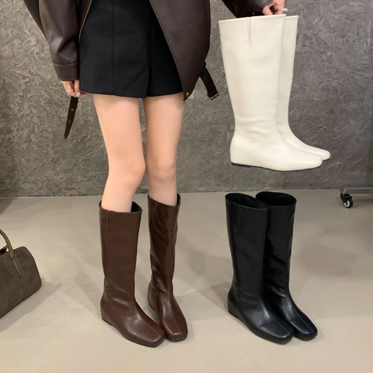 

2025 winter new square head high tube but knee slope heel women s boots knight thin boots 39 коричневый