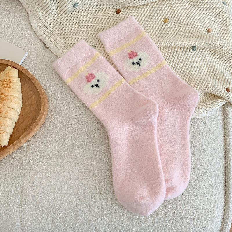 Women's Striped Mid-calf Socks for Autumn and Winter, with Added Fleece and Thickening, Warm, Cute and Sweet Fleece Floor Socks