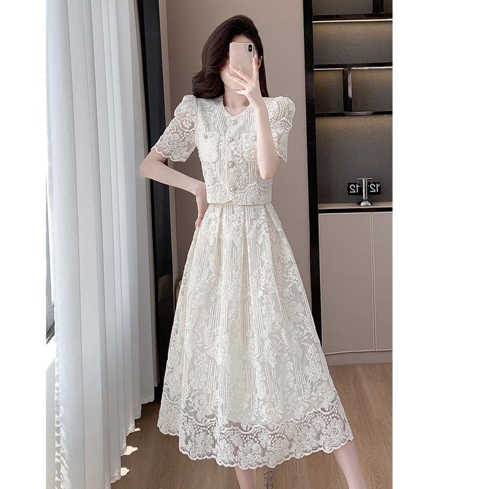 Elegante Damen Sommer Spitzenanzüge Süße einfarbige Blumenstickerei Hemd Tops Zweiteiliges Set Midi-Länge Rock Damen Outfits