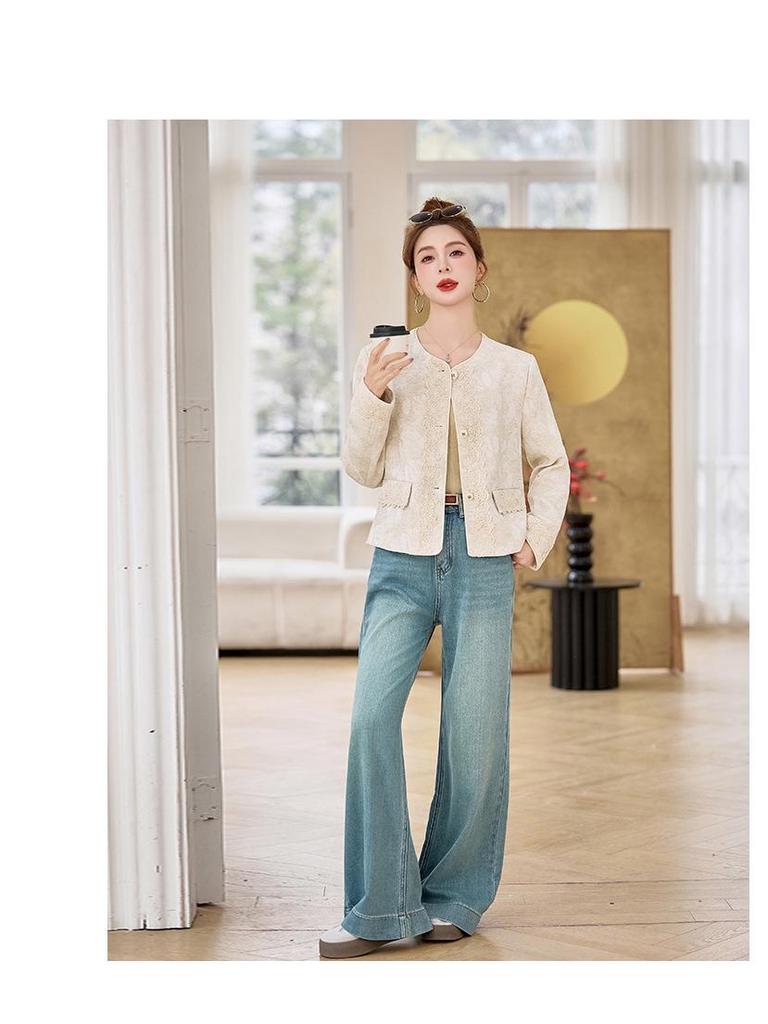 Women's 2025 Spring/Autumn Embroidered Jacquard Lace Round Neck Jacket YL717 - New Chinese Style