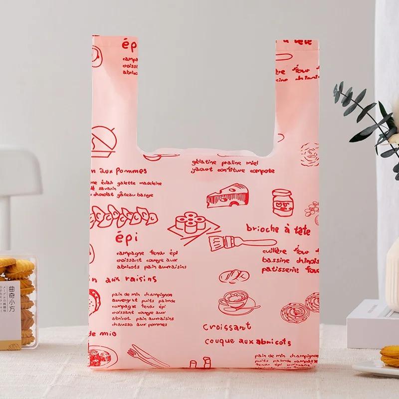 50pcs Disposable Peach Fruit Pattern Hand Bag Packaged Flower Takeaway Bags Snack Double Ear Plastic Vest Handle Shopping Pouch