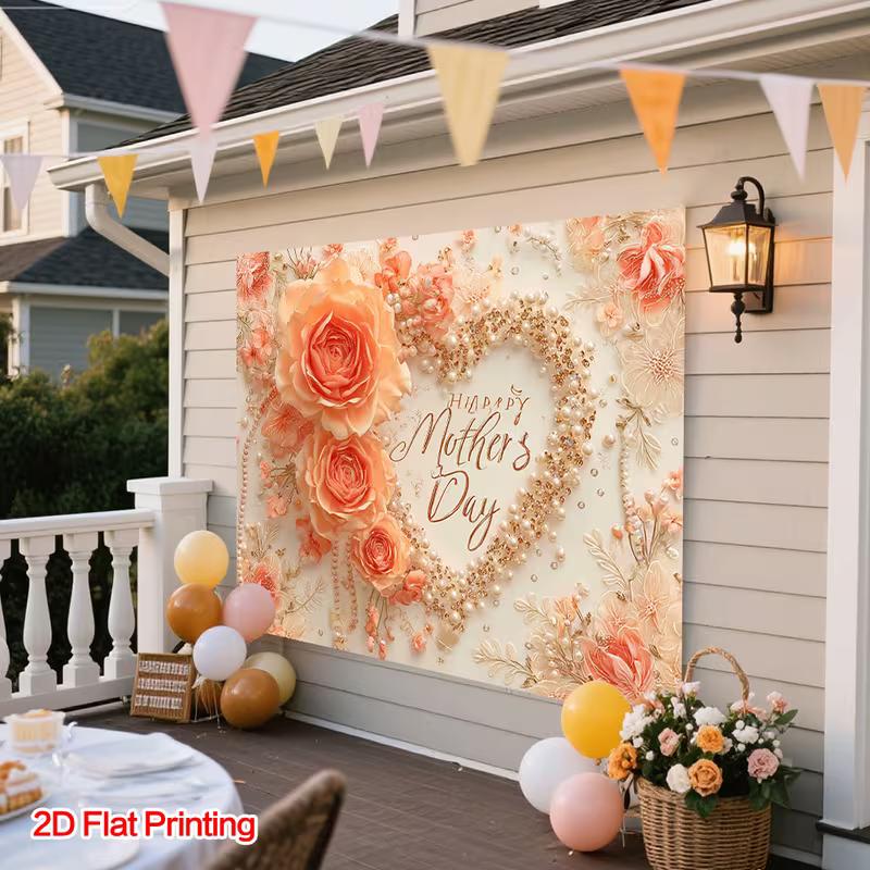 Luxury Mother's Day Tapestry, Soft Peach Roses and Pearl-Encrusted Heart with "Happy Mother's Day" Text, Romantic Wall Art