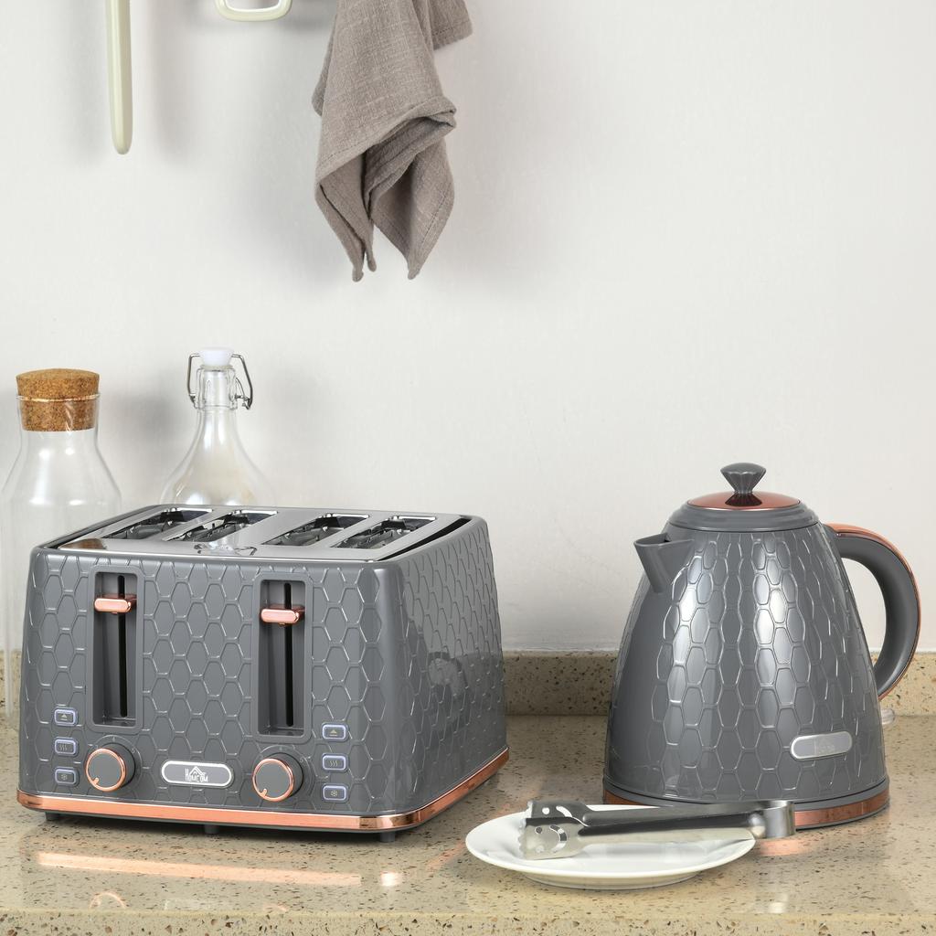 1.7L 3000W Fast Boil Kettle & 4 Slice Toaster Set, Kettle and Toaster Set with 7 Browning Controls, Crumb Tray, Grey