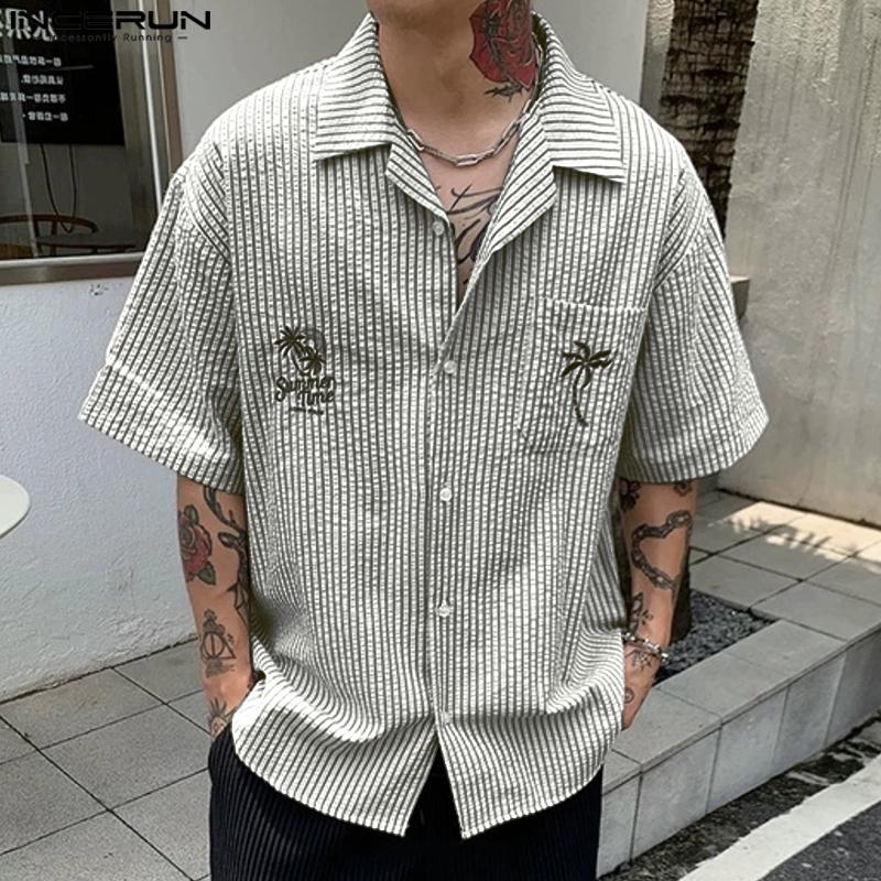 INCERUN Herren Reverskragen Kurzarm Gestreifter Druck Lässige Übergroße Hemden