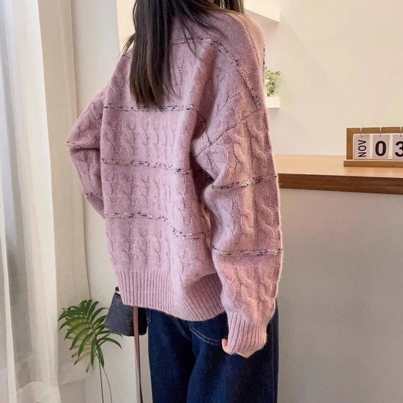 Women's Autumn & Winter Korean Style Long-Sleeve Loose Sweater Pullover Contrast Color Unique Cable-Knit Crew Neck Knit Base Layer Top
