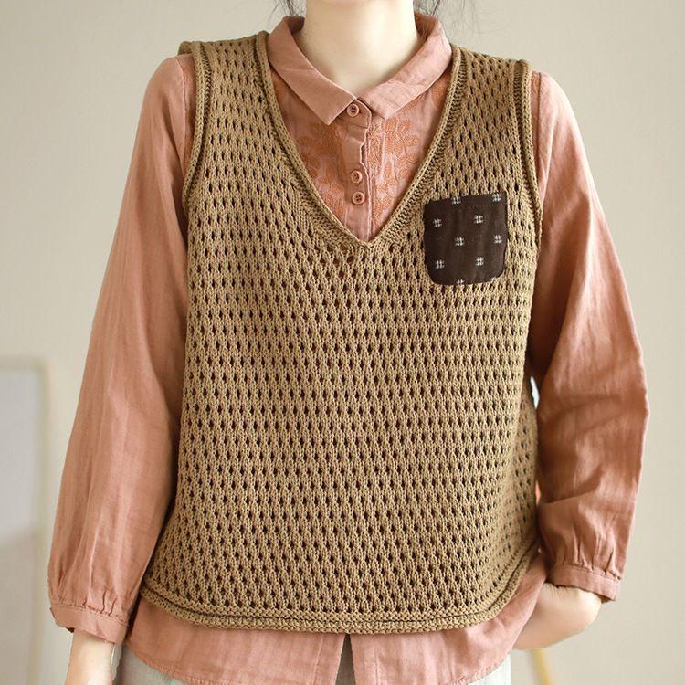 Women's Original Artistic Knitted Vest Appliqué Paneled Solid Color Cotton Thread Hollow-Out Sleeveless Pullover V-Neck Vest