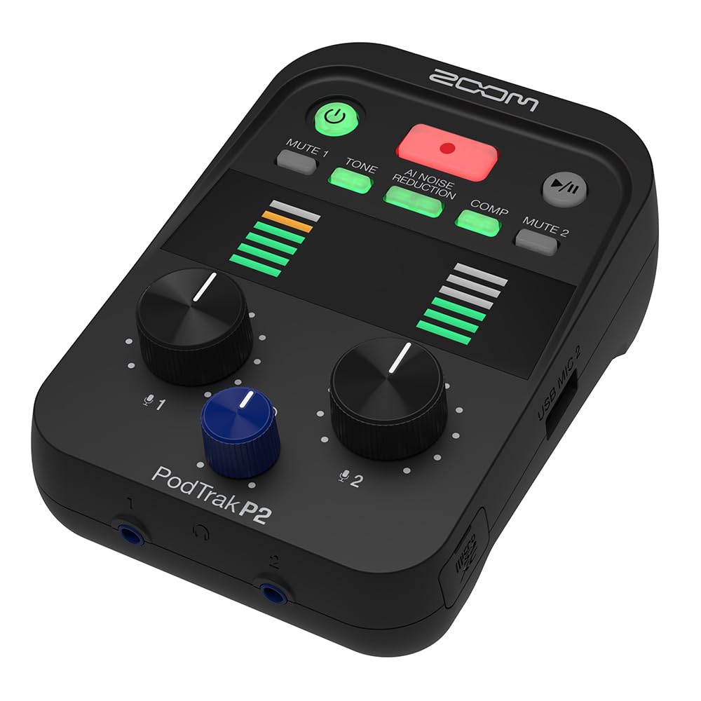 Zoom P2 Podcast Recorder, Black, Palm-Sized, with AI Noise Reduction, Streaming USB Microphone Recorder, Supports Two USB Microphone Inputs and Two