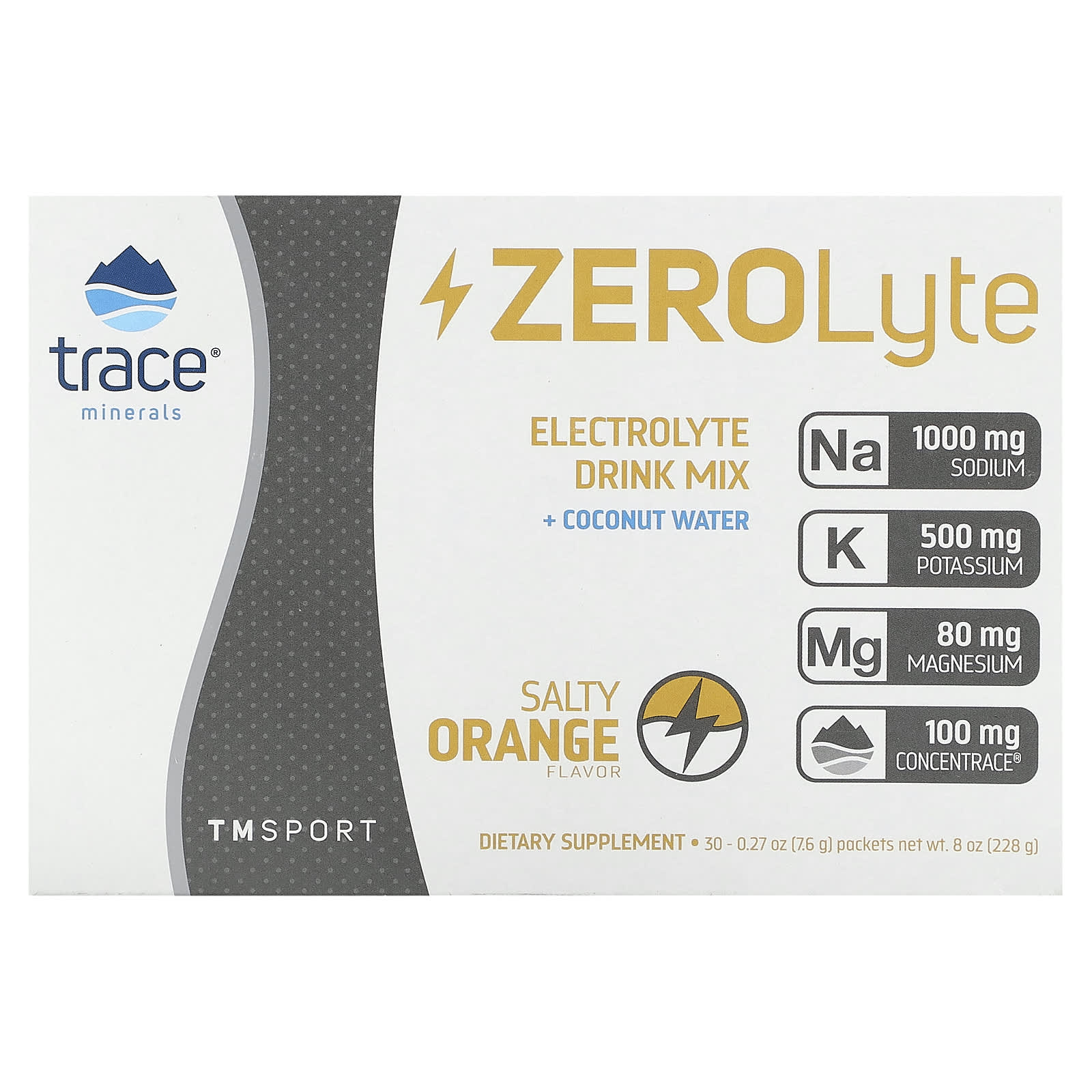 

Trace, TM Sport, ZeroLyte, Electrolyte Drink Mix, Salty Orange, 30 packs, 0.27 oz (7.6 g) each