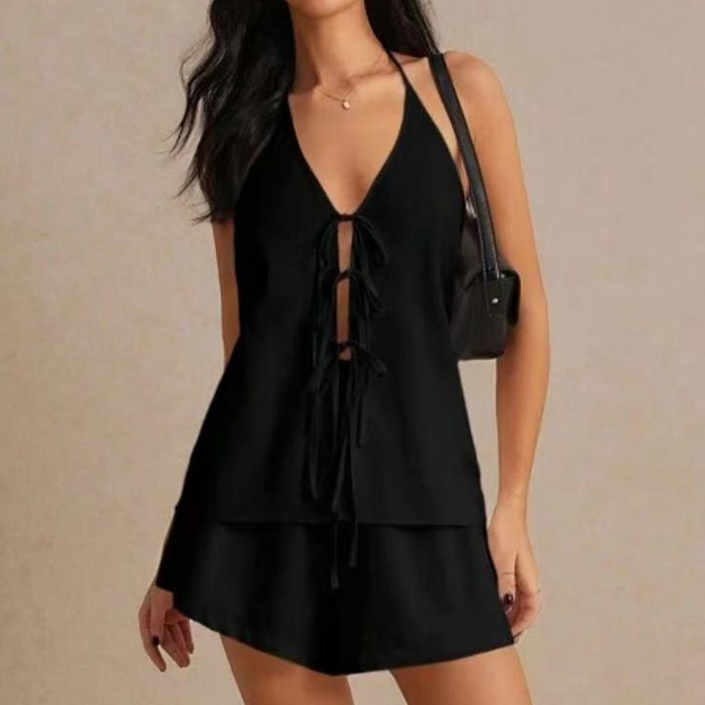 Women's Fashion Casual Sleeveless Backless Lace-up Top Shorts Set