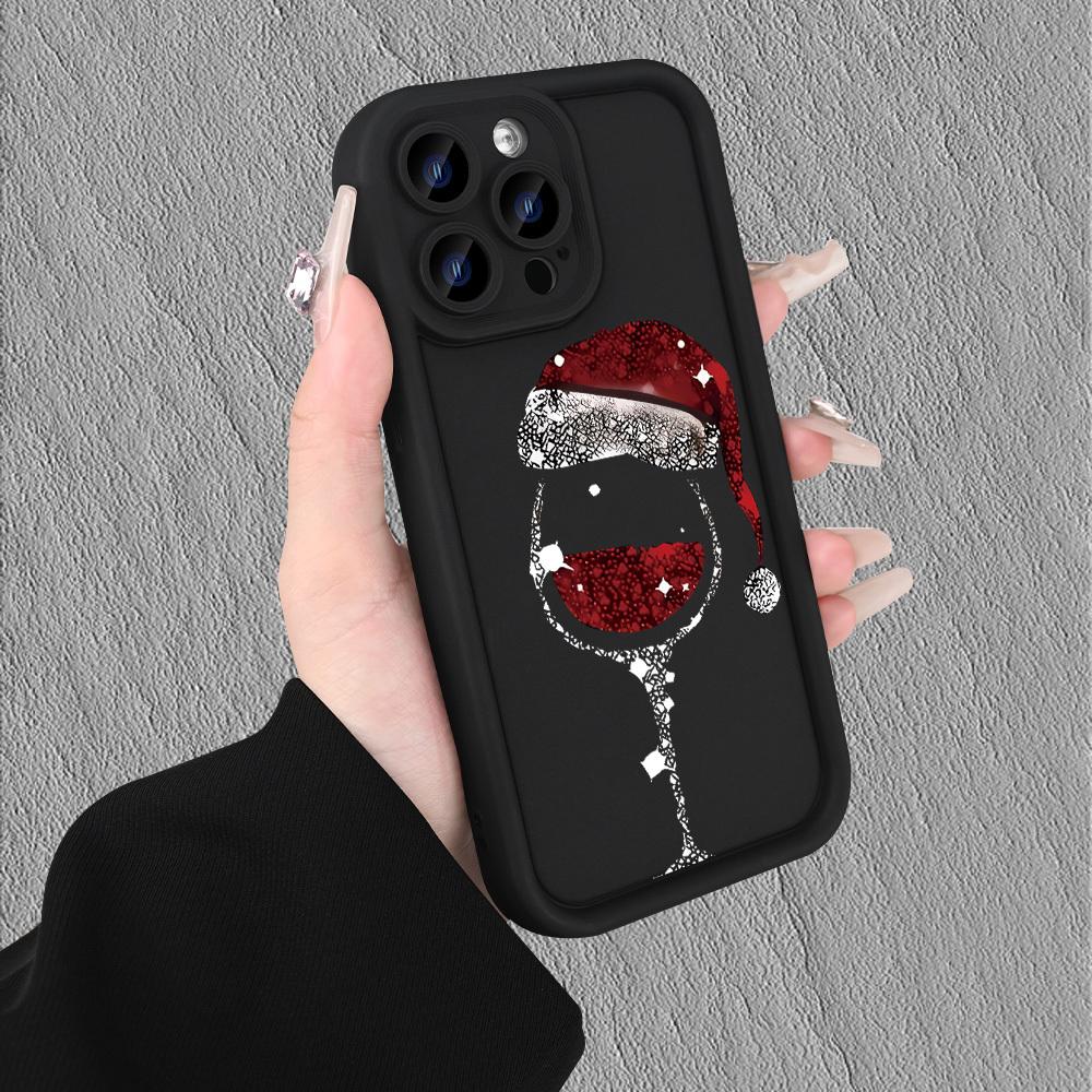 Christmas hat and wine glass printed phone case suitable for iPhone 17 16 15 14 13 12 11 Pro/Max/Plus anti drop and shockproof