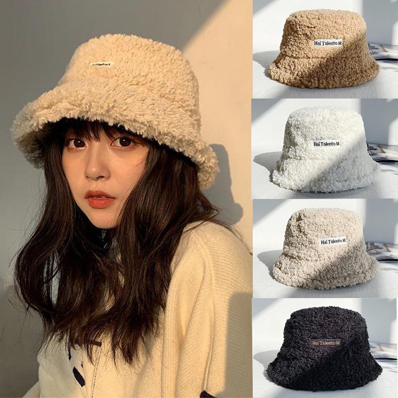 Lamb Wool Bucket Hat Winter Warm Hats For Women Lady Thicken Flat Top Cap Unisex Men Panama Outdoor Fisherman Hat Caps