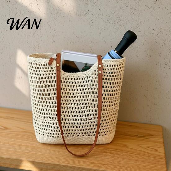 Portable Tote Bag Crochet Shoulder Bag, Large Capacity Lightweight Knit Handbag, Solid Color Handbag Summer Beach Purse for Women Holiday Commuting