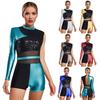 Women Latin Dance Bodysuit Backless Glittery Sequins Leotard Asymmetrical Boyshort for Ballroom ChaCha Salsa Performance