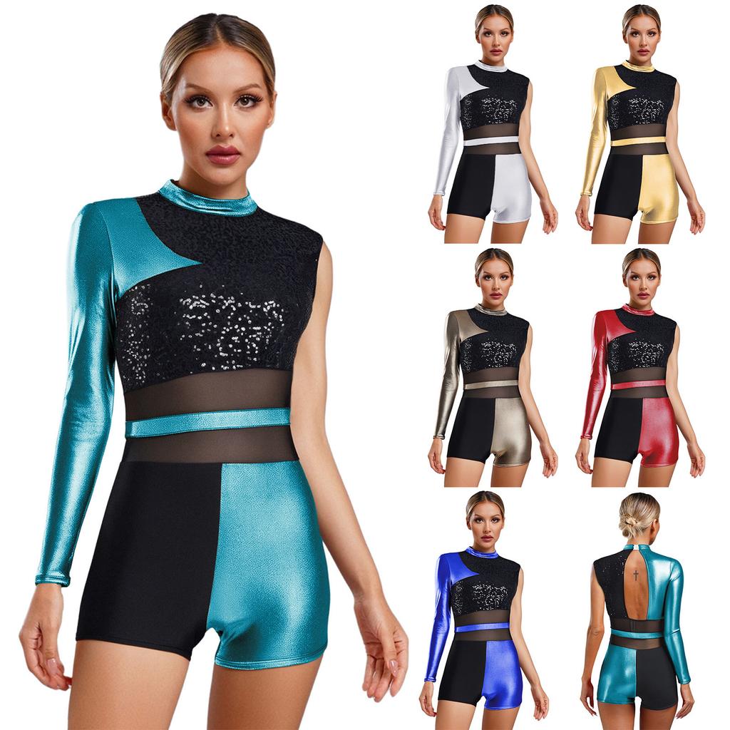 Professional Latin Dance Bodysuit for Women Glittery Sequins Backless Leotard Shiny Stage Performance Ballroom Wear