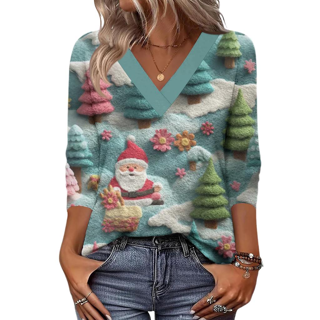 Women's Loose Comfortable Casual Fashion V-Neck Christmas Print 3/4 Sleeve Top