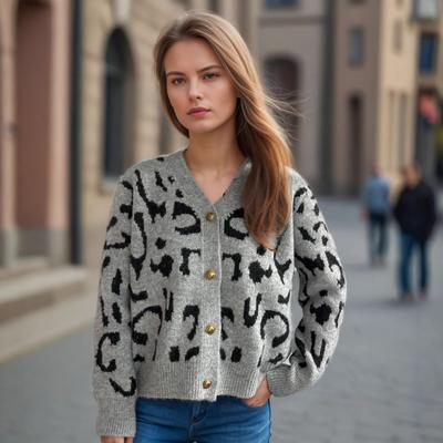 Autumn and Winter New Leopard Print Short Sweater Women's Cross-border V-neck Casual Knitted Cardigan Top 3580 EMA
