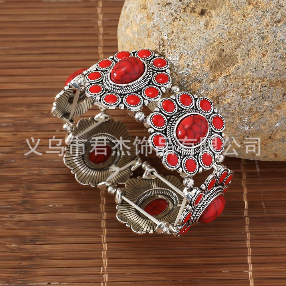 European and American Ethnic Style Personalized Retro Alloy Turquoise Elastic Bracelet Women's Bohemian Bracelet Jewelry