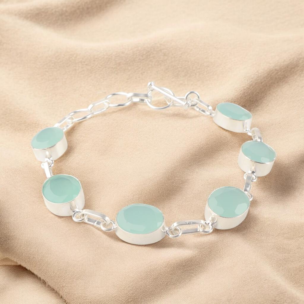 Aqua Chalcedony Gemstone 925Sterling Silver Handmade Partywear Bracelet Jewelry RB-5-16