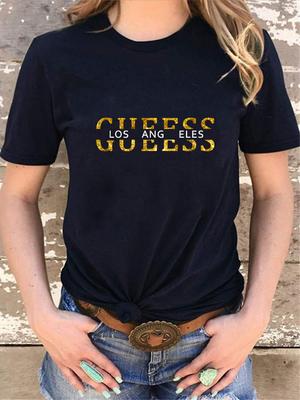 Damen T-Shirt 100% reine Baumwolle Sommer lässig locker Mode GUESS Los Angeles Buchstabenaufdruck Rundhalsausschnitt kurzärmeliges T-Shirt
