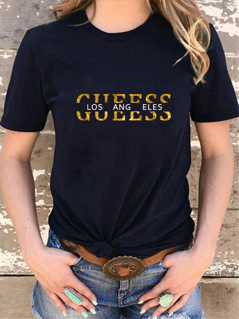 Women's T-shirt 100% Pure Cotton Summer Casual Loose Fashion GUESS Los Angeles Letter Printed Round Neck Short Sleeved T-shirt