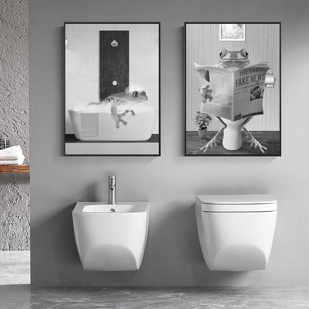 Funny Frog In Bathroom Print Art Toilet Wall Black White Poster Whimsy Animal Reading Newspaper Canvas Painting Room Home Decor