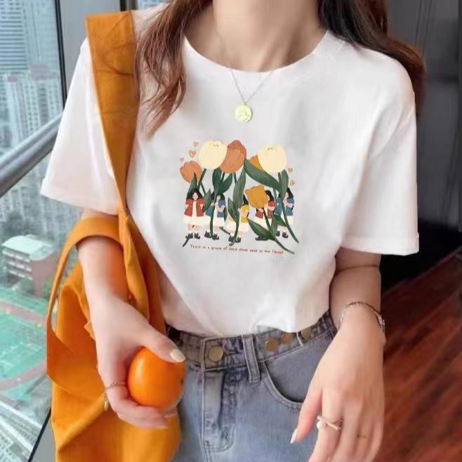 

Летняя женская хлопковая рубашка с круглым вырезом и короткими рукавами.;футболка с трендовым принтом, новая футболка S белый