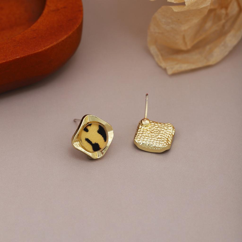 Retro Leopard Print Square Small Stud Earrings, Hong Kong Style Maillard Light Luxury Fashion Temperament Earrings
