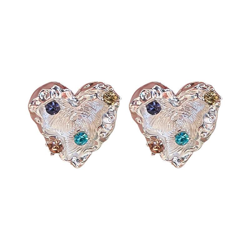 Fashion Simple Metal Irregular Threaded Heart Earrings for Women Enamel Colored Diamond Inlay Stud Earrings Wedding Jewelry Gift