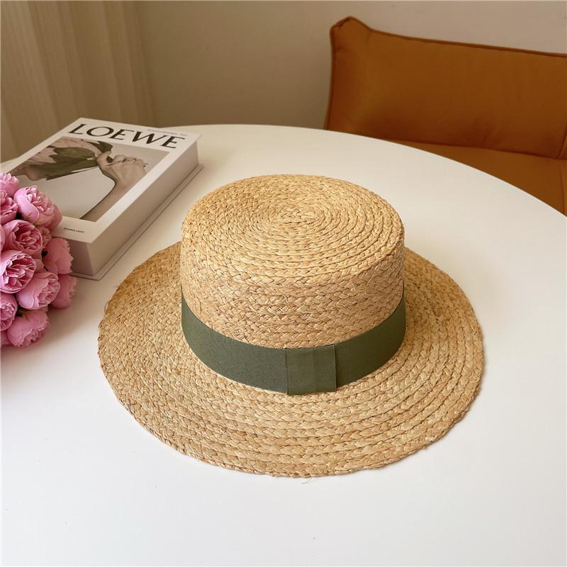 Raffia Boater Hats Women Summer Hat with Ribbon Band flat top Sun Hat Wide Brim Beach Hat Ladies Canotier Hat